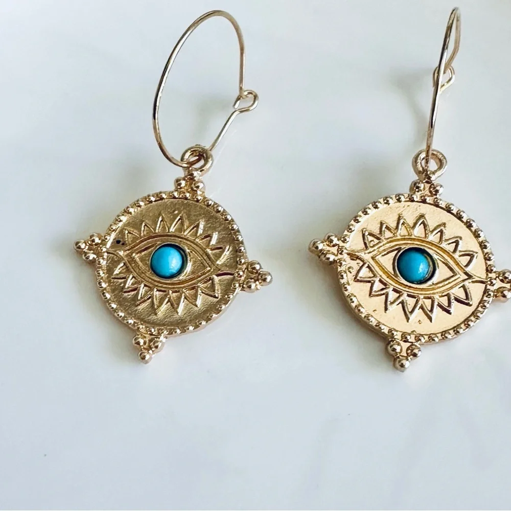 2/$30🌵 Egyptian Revival Eye Of Horus Evil Eye Earrings Antiqued Gold Hoop NEW